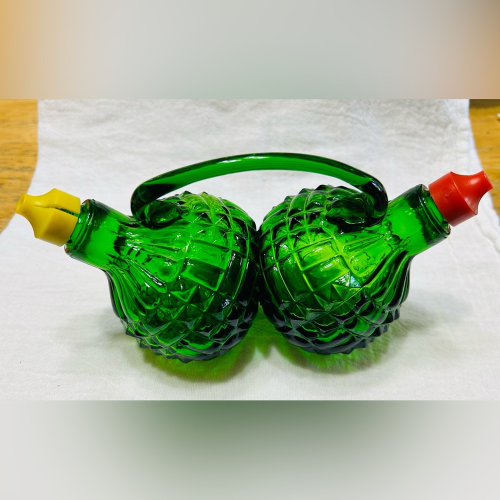 Vintage depression glass, emerald green oil & vinegar cruet set, connected.